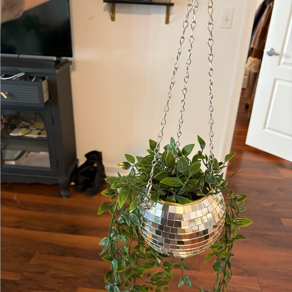 Silver Disco Ball Hanging Planter with Greenery